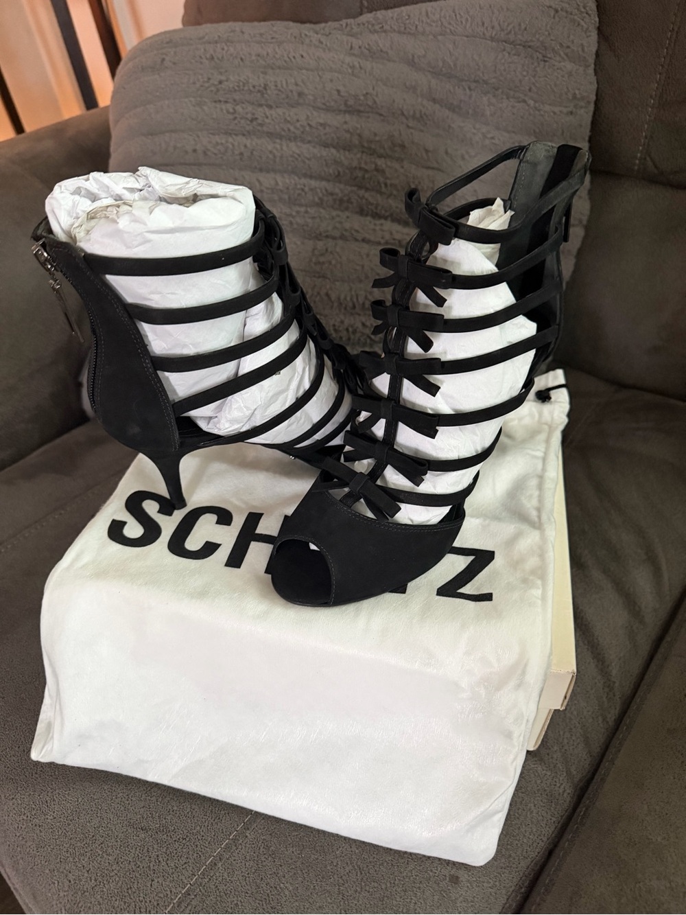 SCHUTZ Black Strappy Lace-Up Peep Toe Heels
